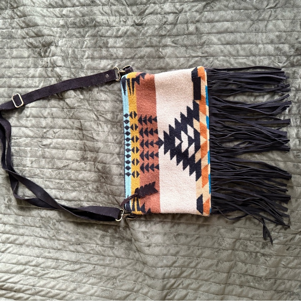 Black and Brown Geometric Crossbody Bag with Fringe